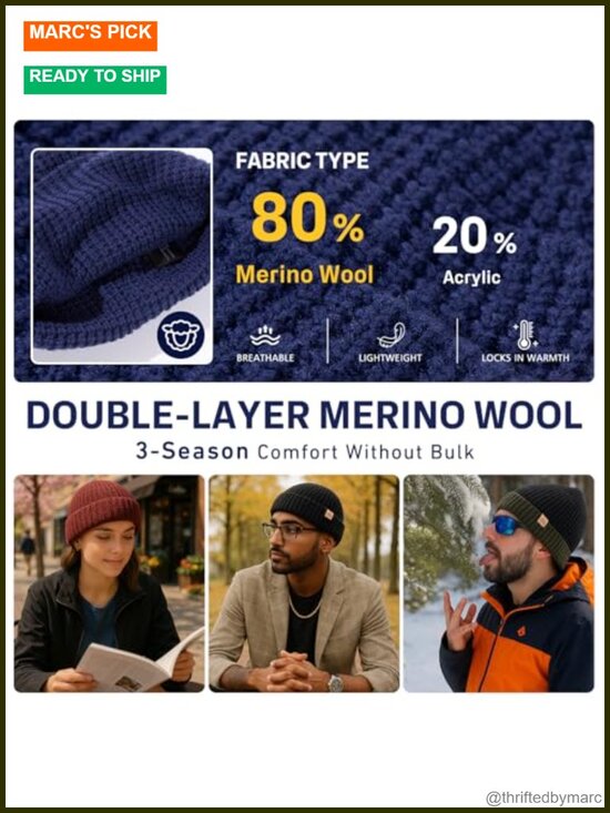 80% Merino Wool Waffle Fisherman Beanie for Men Women main image 6